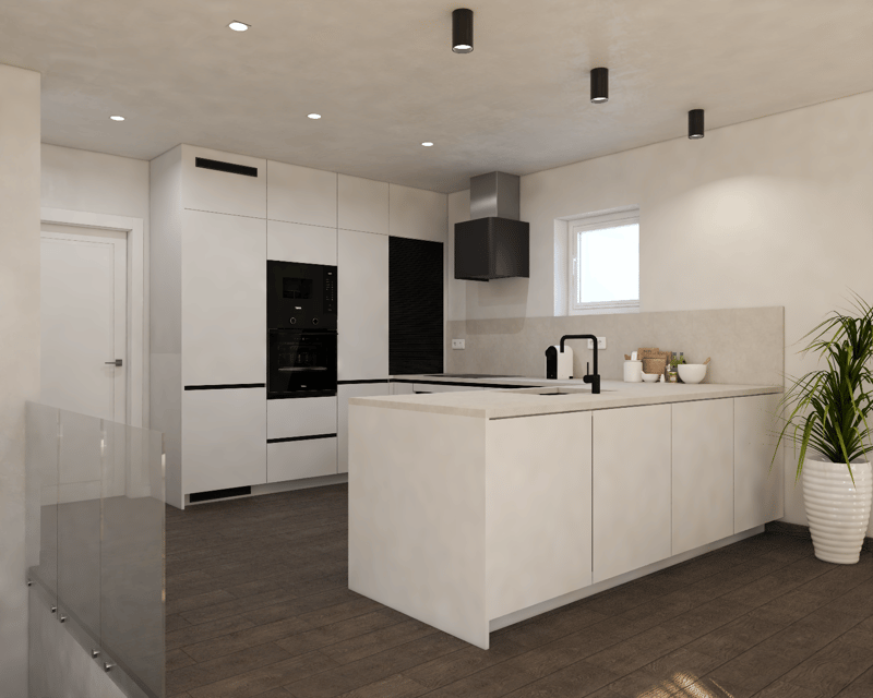 Modern, open-concept kitchen with white cabinets, black appliances, and a central island with a sink. The kitchen features recessed lighting and a window providing natural light.