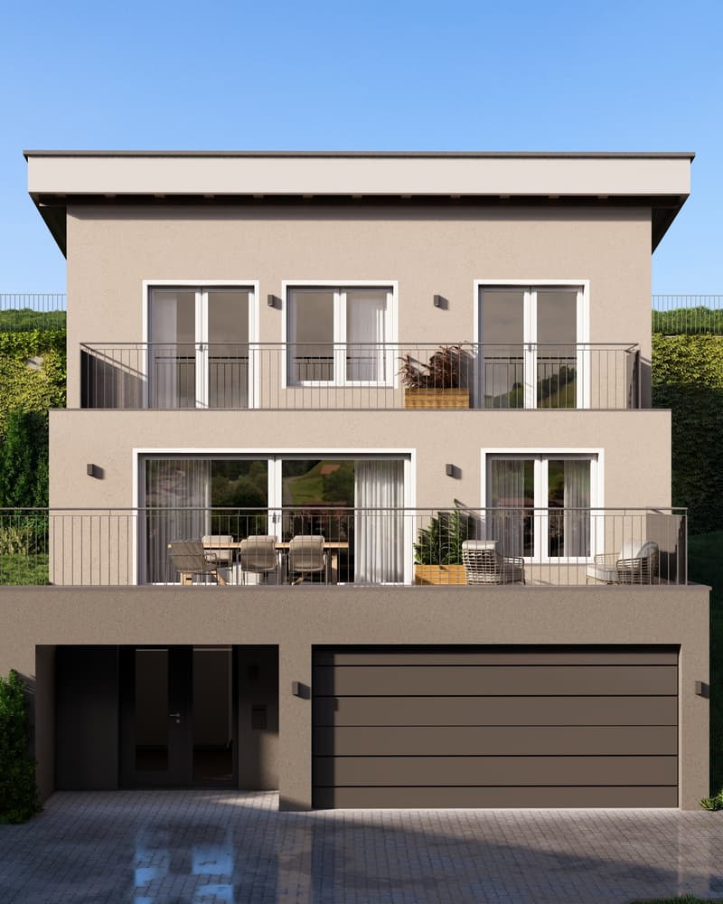 2-story modern house with a beige exterior, large windows, balconies, and a garage on the ground floor.