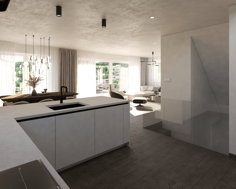 The image shows an open concept living space with a modern kitchen, dining area, and living room. The kitchen features a large island with a dark wood countertop and gray cabinets. The living room has large windows that provide a view of a balcony or terr