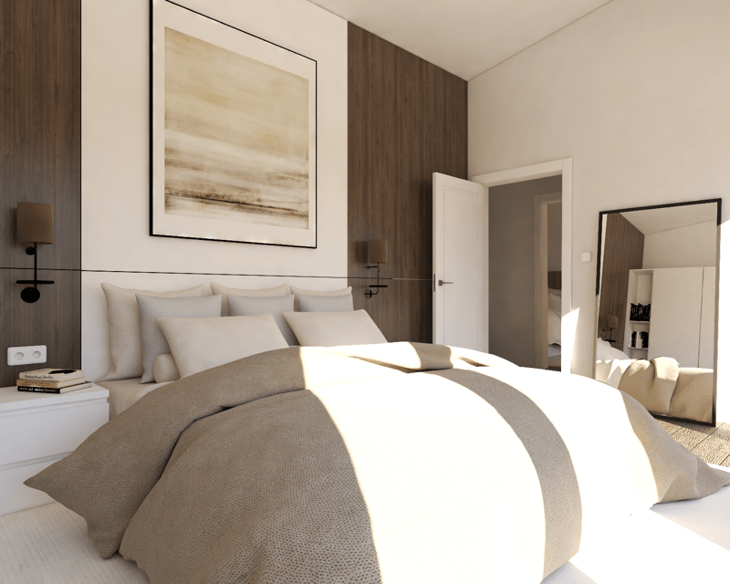 Spacious bedroom with wooden accent walls, large windows, a king-size bed with neutral bedding, and a framed artwork on the wall. The room also features wall sconces and a mirrored closet door.