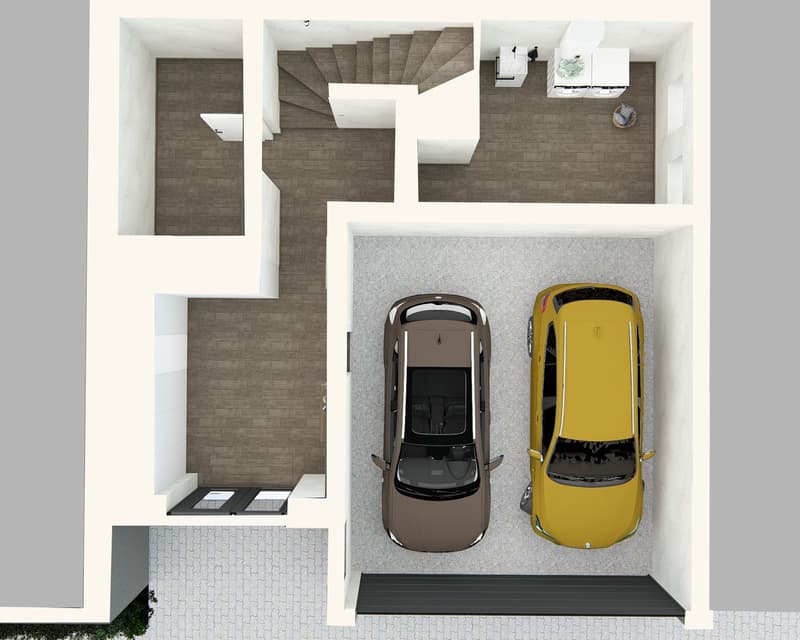 The image shows the floor plan of a property with a garage and parking space. The main living area appears to have an open-concept layout with a staircase leading to the upper level. The property also includes a separate room or space, possibly a bedroom