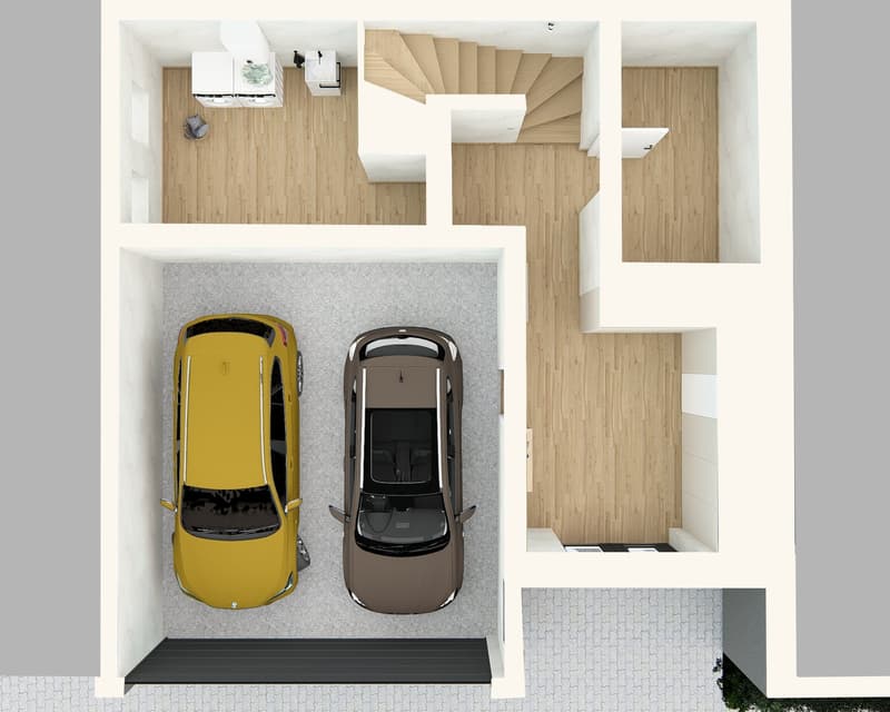 The image shows a floor plan with a garage area that can accommodate two cars, as well as a staircase leading to the upper level.