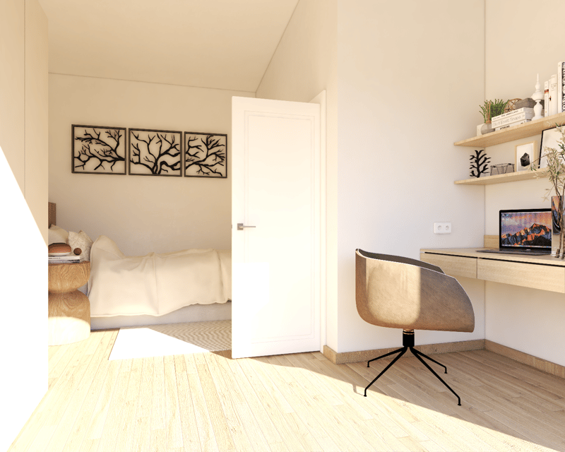 Cozy bedroom with white walls, hardwood floors, and a desk area with a laptop. The room features a bed, shelves, and decorative wall art depicting tree branches.