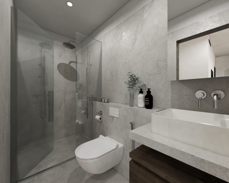 Modern bathroom with glass shower enclosure, white toilet, vanity with vessel sink, and shelving with toiletries