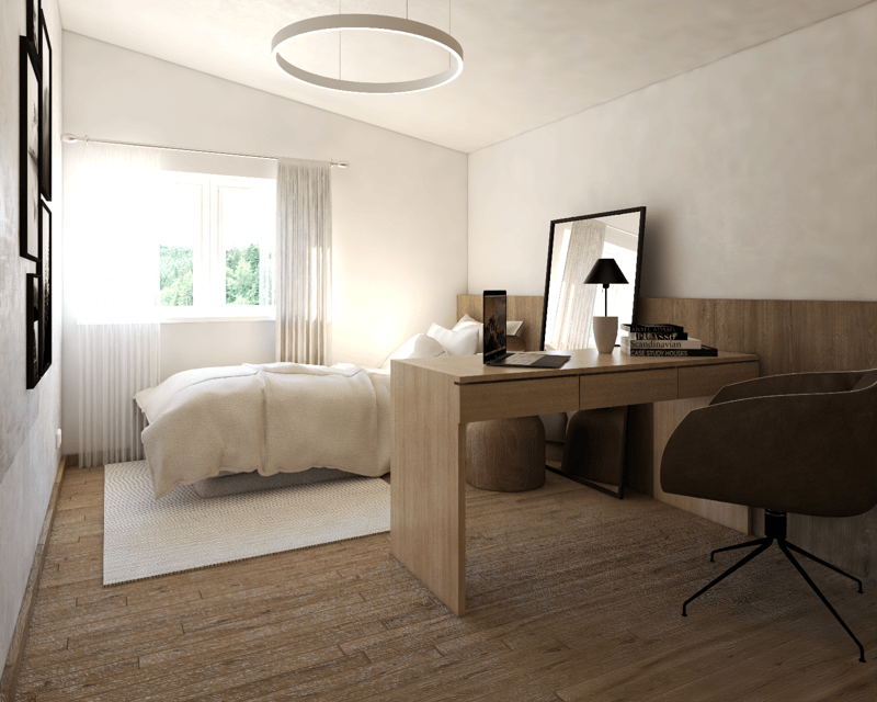 Spacious bedroom with large windows, hardwood flooring, a wooden desk with a laptop and books, and a circular pendant light fixture. The room has a minimalist and modern design aesthetic.