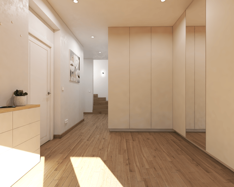 Spacious hallway with wooden flooring, beige walls, built-in cabinets, and a dishwasher visible in the kitchen area.