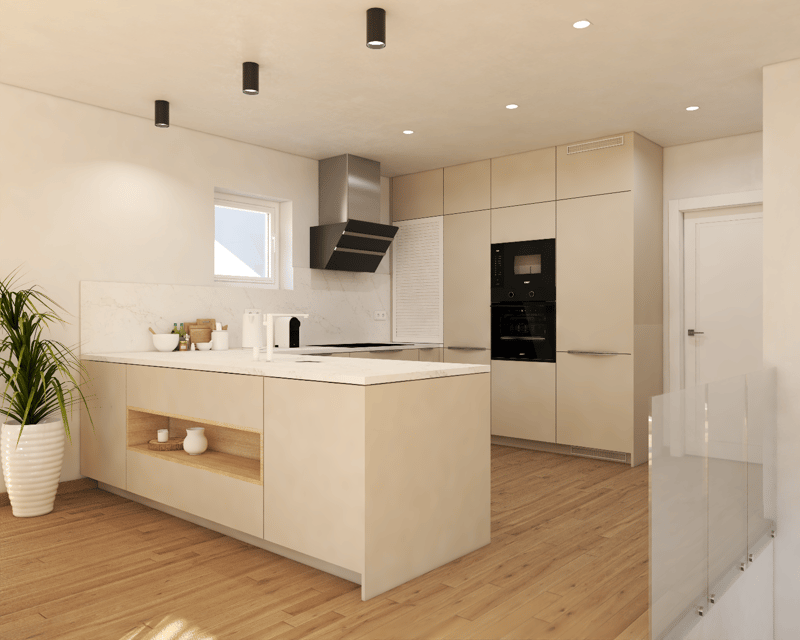 Modern kitchen with beige cabinets, black appliances including a range hood and oven, wooden floor, and recessed lighting.