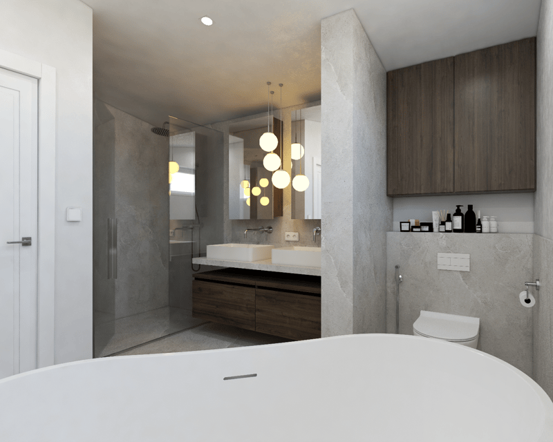 Spacious bathroom with modern design, featuring a double vanity sink, pendant lighting, and a separate shower area. The bathroom also includes a toilet and appears to have storage cabinets.