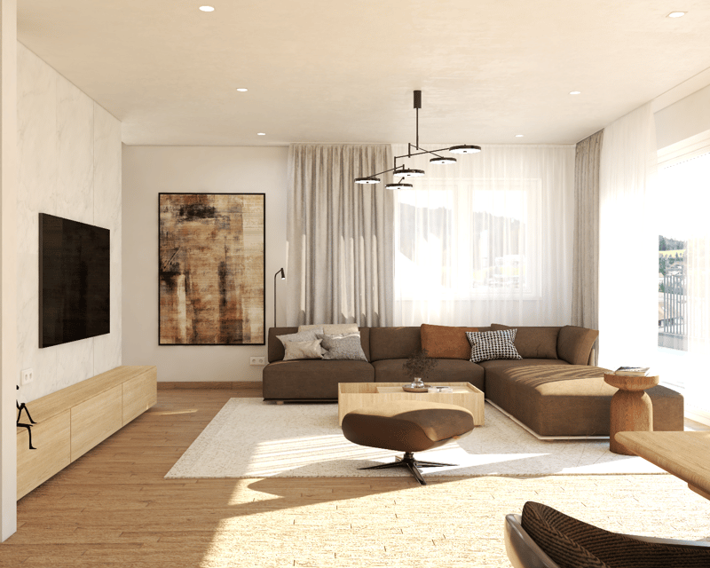 Spacious living room with large windows, hardwood floors, brown sectional sofa, wooden coffee table, abstract art on the wall, and a modern chandelier lighting fixture.