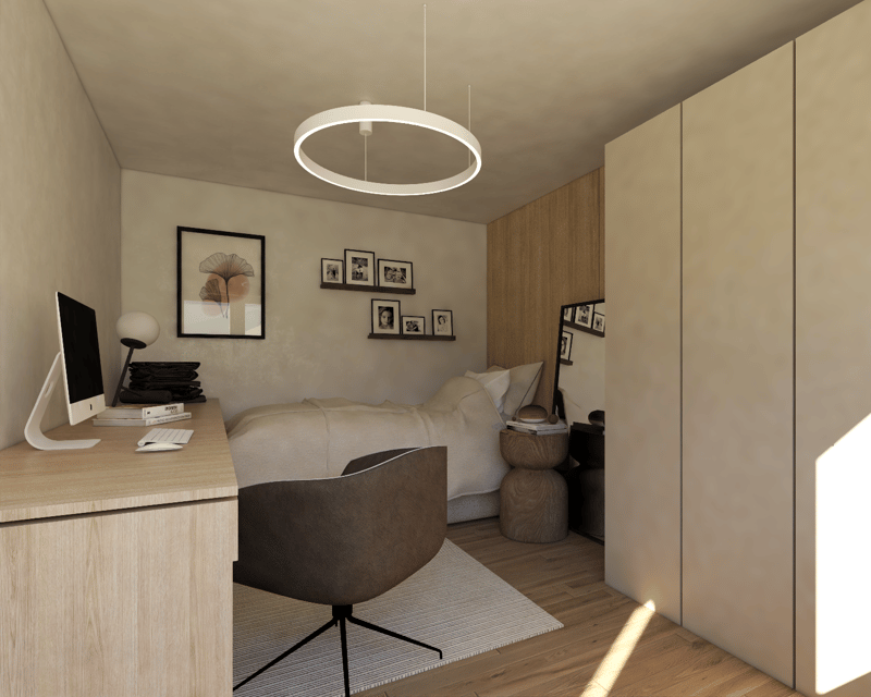 Spacious bedroom with a modern circular light fixture, a wooden desk with a computer, and a cozy seating area. The room features neutral tones, wooden accents, and framed artwork on the walls.