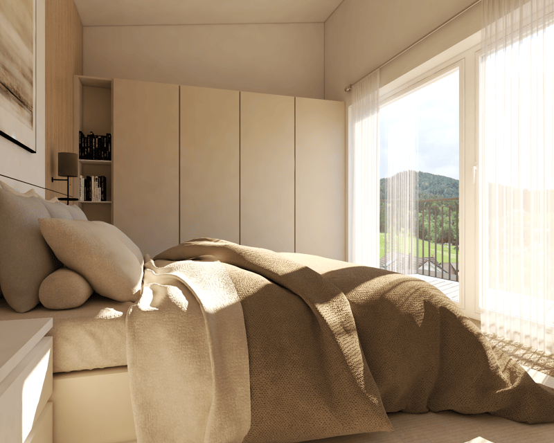 Spacious bedroom with large windows overlooking a balcony or terrace, neutral-toned walls and bedding, built-in wardrobes, and a cozy, relaxing atmosphere.