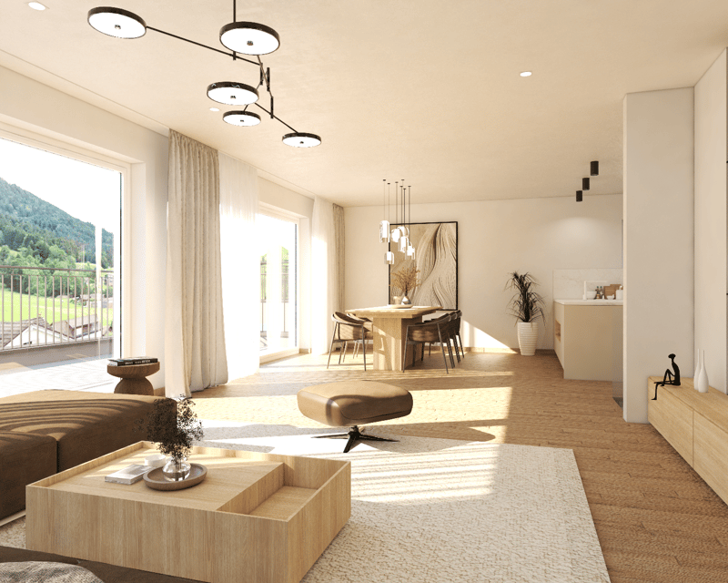 Spacious open-plan living area with large windows overlooking a balcony, modern pendant lighting, wooden dining table and chairs, comfortable sofa, and a wooden coffee table with decor.