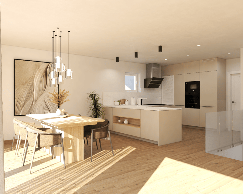 Open-concept kitchen and dining area with modern, minimalist design. The kitchen features light-colored cabinets, a built-in dishwasher, and a sleek range hood. The dining area has a wooden table with woven chairs, and a large decorative light fixture abo