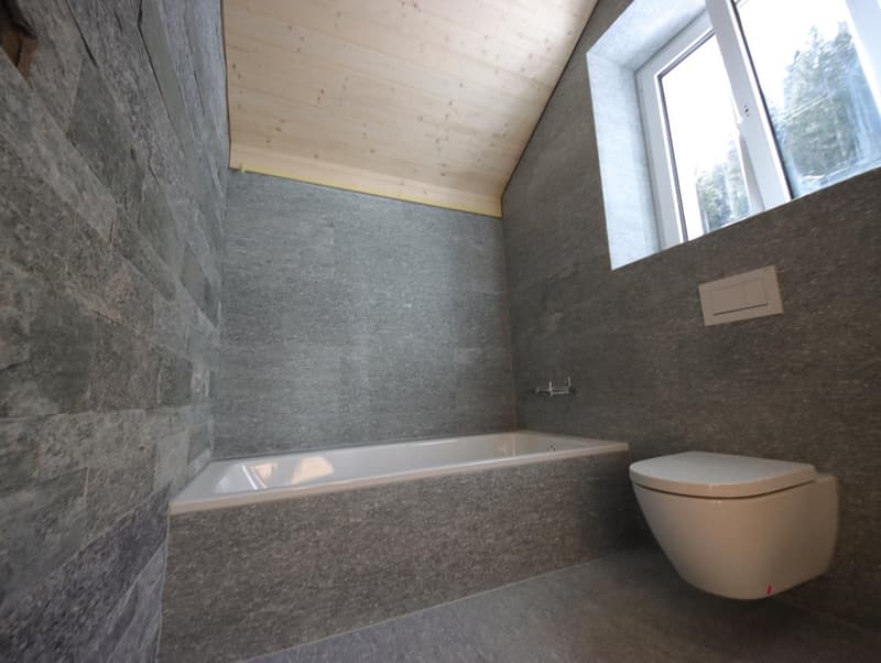 Grey stone wall, bathtub, white toilet, window, wooden ceiling