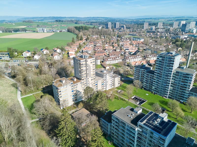 Aerial view of a town with multiple high-rise buildings, surrounded by green fields and trees.