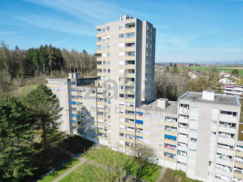 Aerial view of a multi-story residential building with many windows and balconies, surrounded by trees and grass.