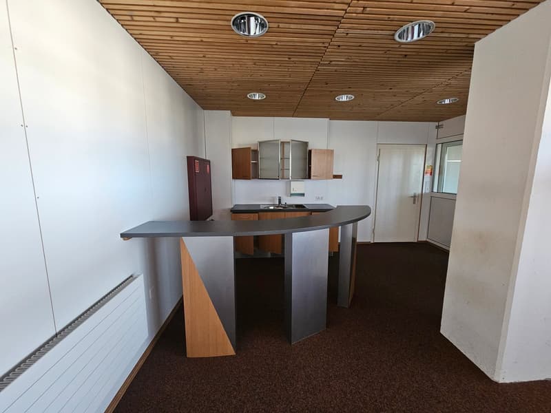 Empty room with kitchen counter, cabinets, sink, ceiling lights, and radiator