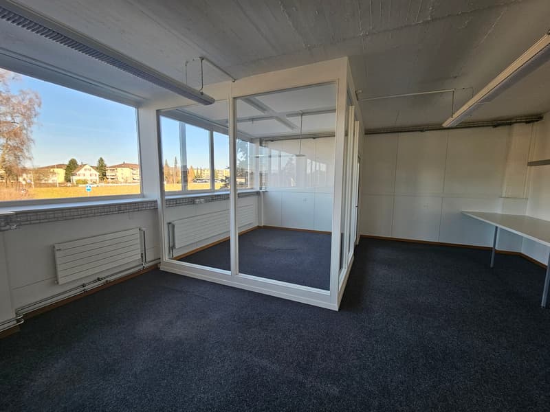 Large windows, white walls, ceiling lamps, empty floor, white desk