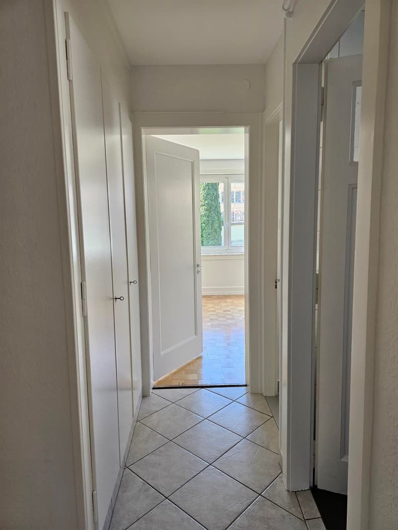 The image shows a hallway with white walls, a tiled floor in a diagonal pattern, and a white door leading to another room. The hallway appears to be part of a larger residential or apartment space.