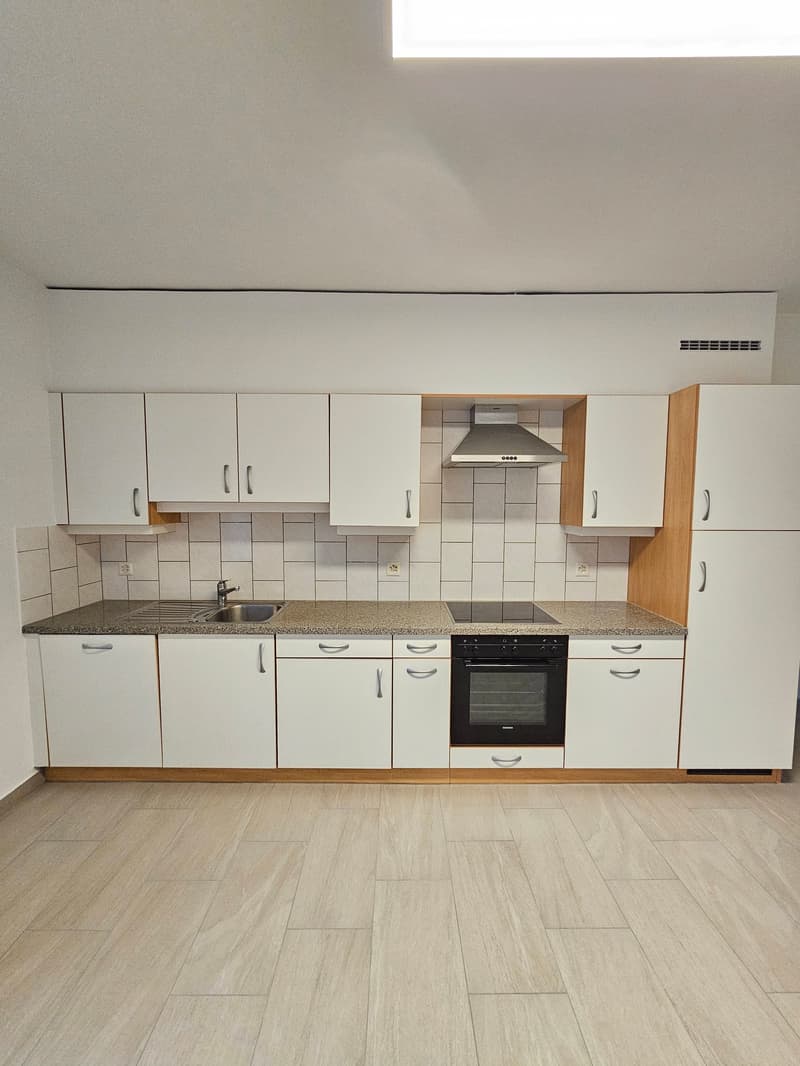 modern kitchen with white cabinets, granite countertop, electric oven, gas stove, stainless steel sink with faucet, built-in dishwasher, white appliances