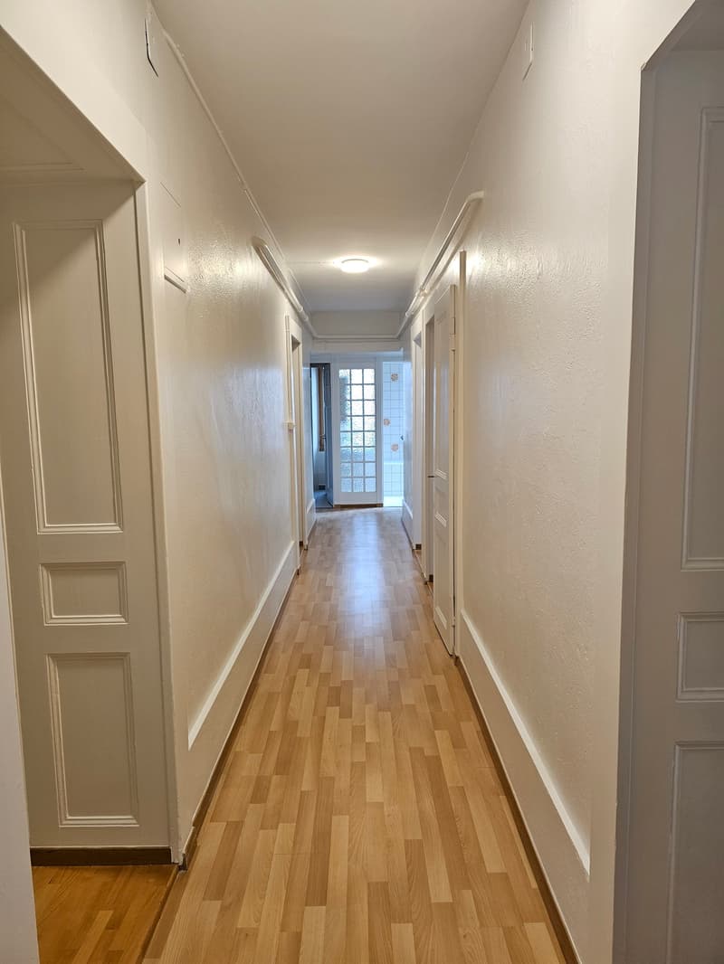 Long hallway with doors on each side, wooden flooring, ceiling light, white walls