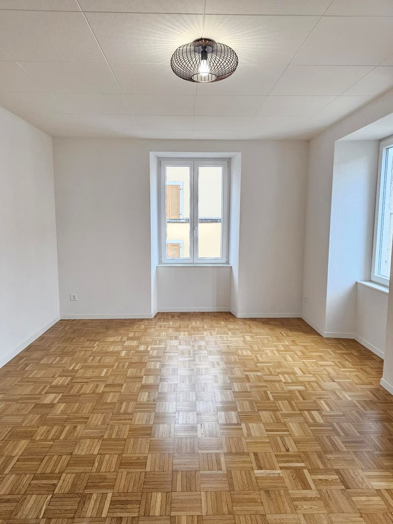 empty room, wooden parquet floor, white walls, two windows, ceiling lamp