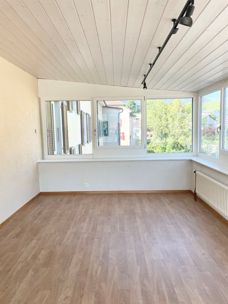 Empty room, wooden floor, large windows, white walls, built-in radiator, ceiling spotlights