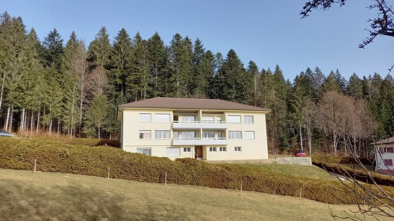 3 story house, yellow exterior, brown roof, balcony, surrounded by trees and bushes