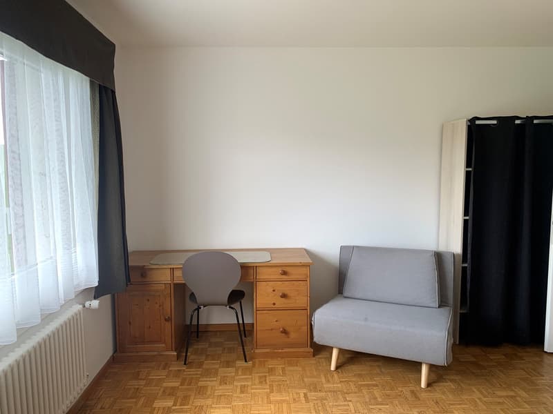 wooden desk, chair, gray sofa, white curtains, wooden floor, white radiator