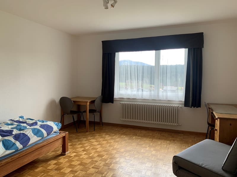 bedroom with bed, desk, chairs, radiator, window with curtains, wooden floor