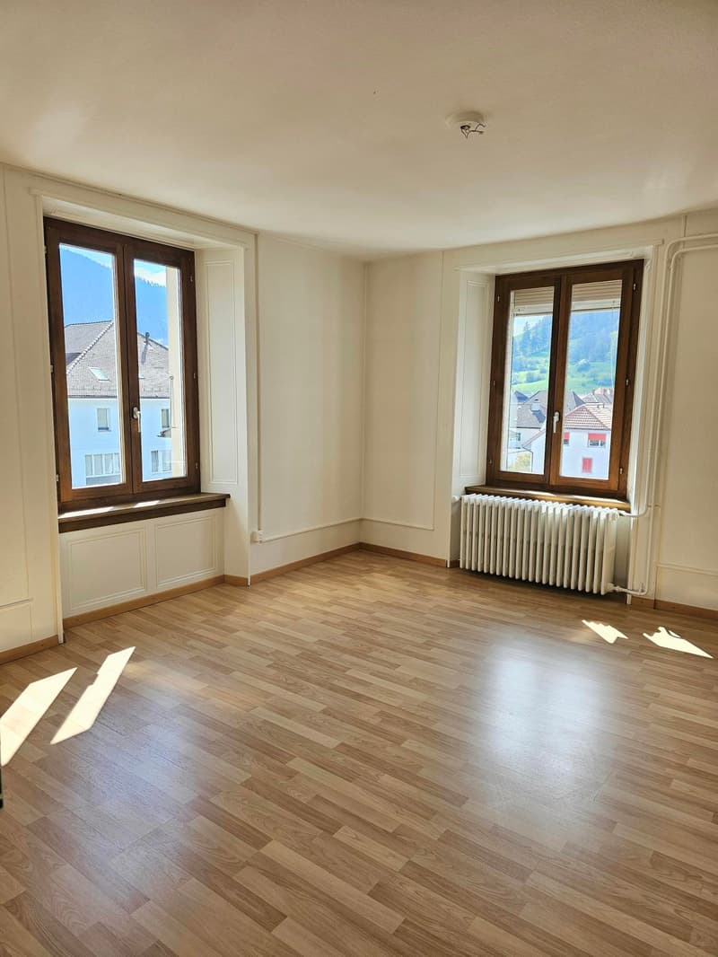 empty room, wooden floor, white walls, two large windows, radiator