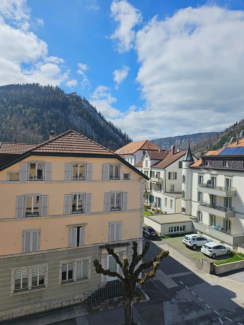 A row of buildings with multiple windows, a tree in front, and a mountain in the background.