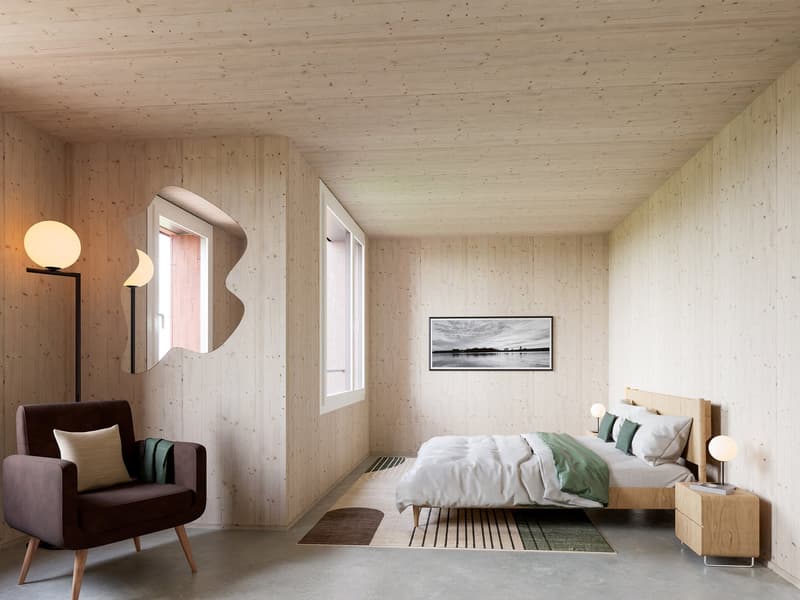 bed, wooden furniture, wall painting, armchair, lamps, wooden floors