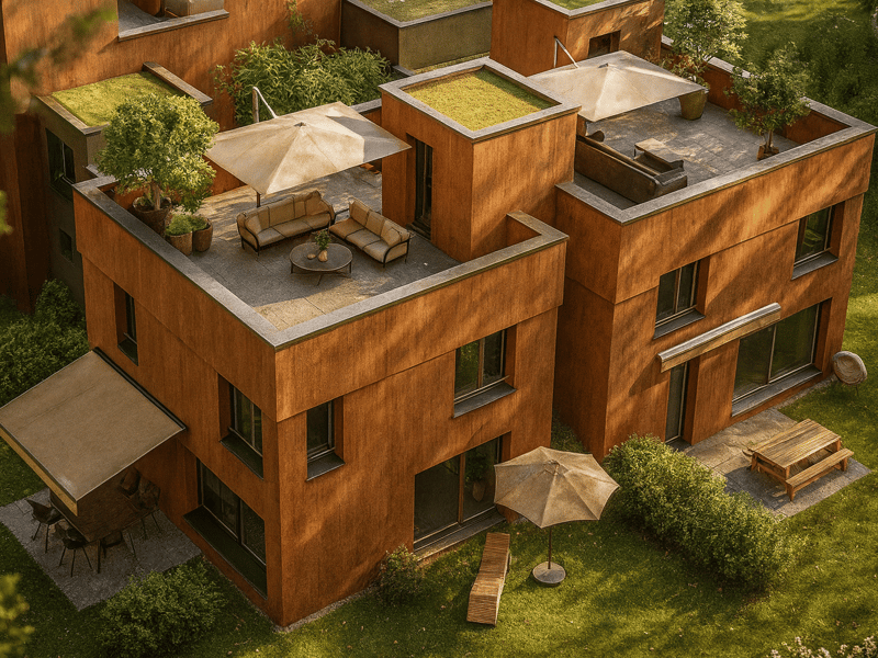 Modern brown house, multiple levels, rooftop terrace with seating, green roof, outdoor umbrellas, garden, wooden deck, outdoor table and chairs