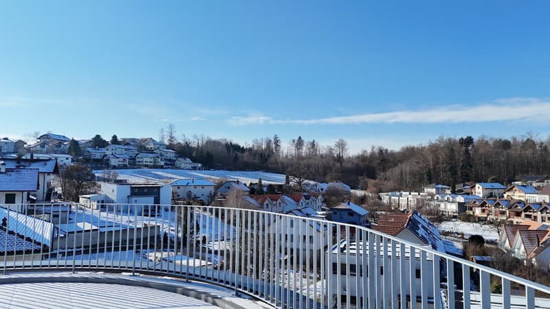 snow covered houses, fenced balcony, snowy hills, town view, winter landscape