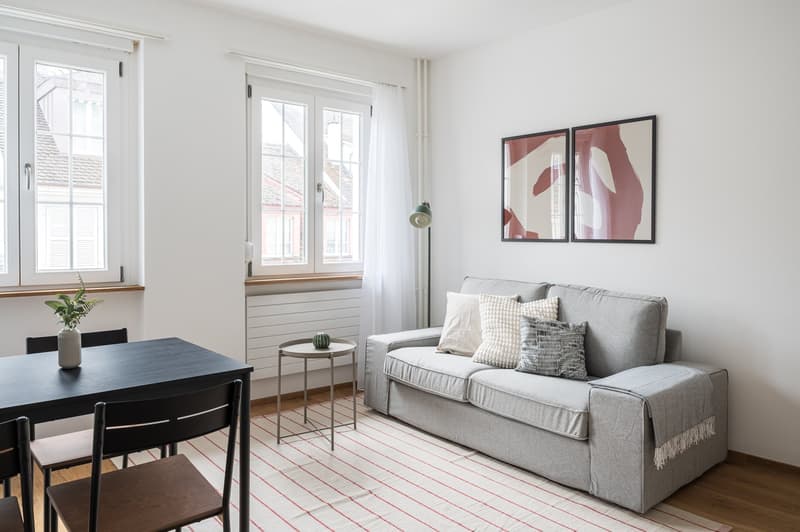 Bright and airy living room with large windows, grey sofa, black dining table, and abstract artwork on the walls. The room has a cozy and modern feel with a striped rug on the floor.