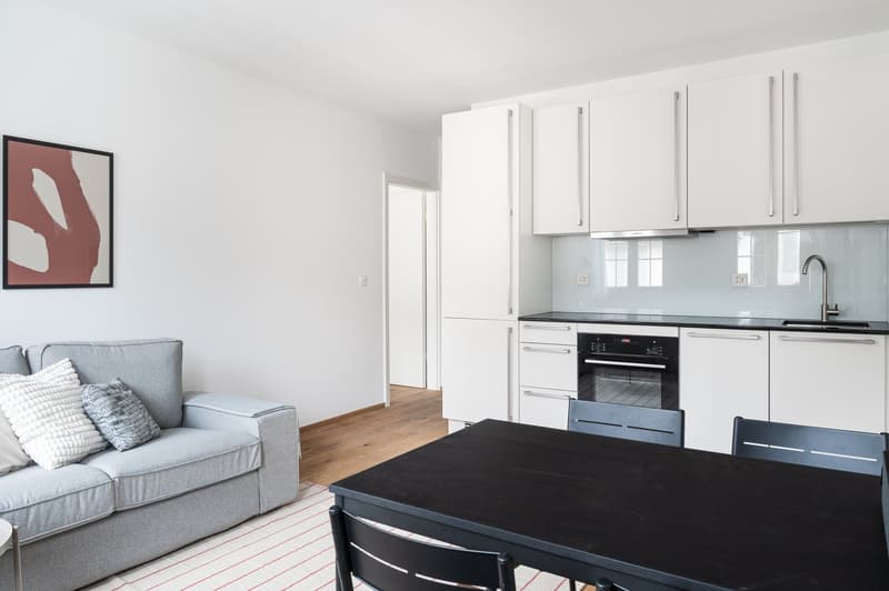 Open-concept living room and kitchen with white cabinets, black countertops, and stainless steel appliances including a dishwasher. The living room has a grey sofa and a framed artwork on the wall.