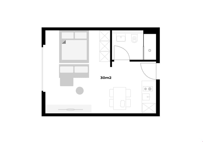 Living room, kitchen, bedroom, bathroom, balcony