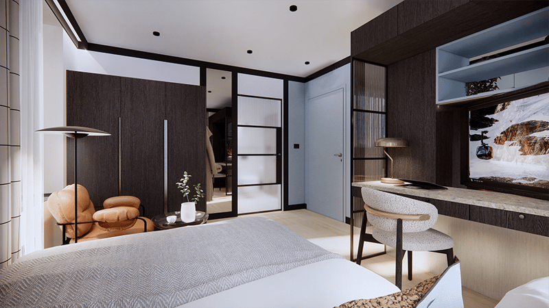 modern bedroom with bed, desk, chair, lamp, wardrobe, television, chair