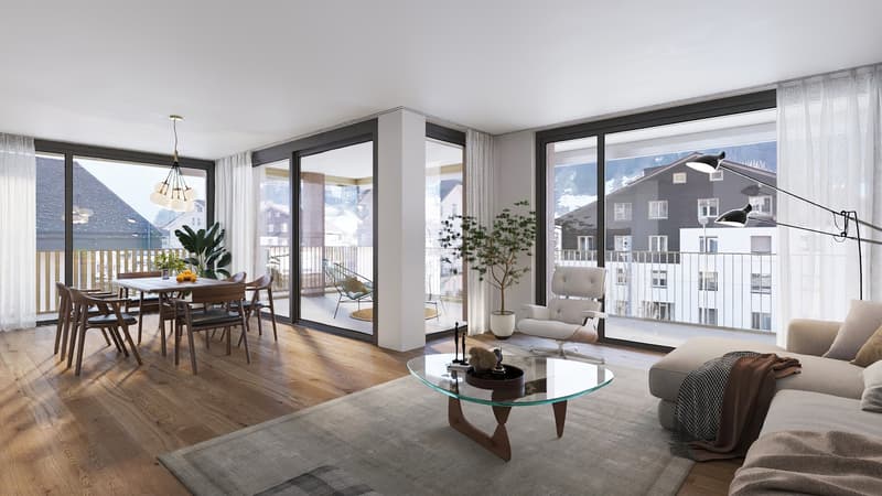 open floor plan with large windows, balcony, hardwood floors, dining table with chairs, sofa, armchair, rug, coffee table, plants, lamps