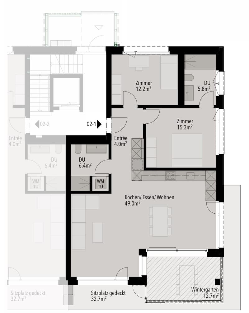 Entrance, 2 bedrooms, living room/kitchen/dining room, bathroom, hallway, wintergarden, sitting area