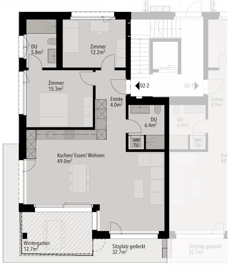 Entrance hall, Kitchen/Dining/Living room, 2 bedrooms, 2 bathrooms, balcony, terrace