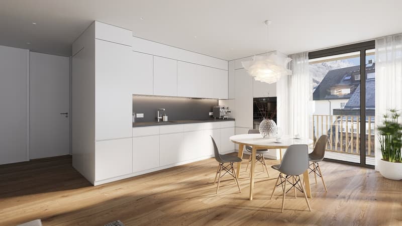 Modern style kitchen with wooden floors, white cabinets, island counter with dining table, large windows, balcony with railings, view of a house outside