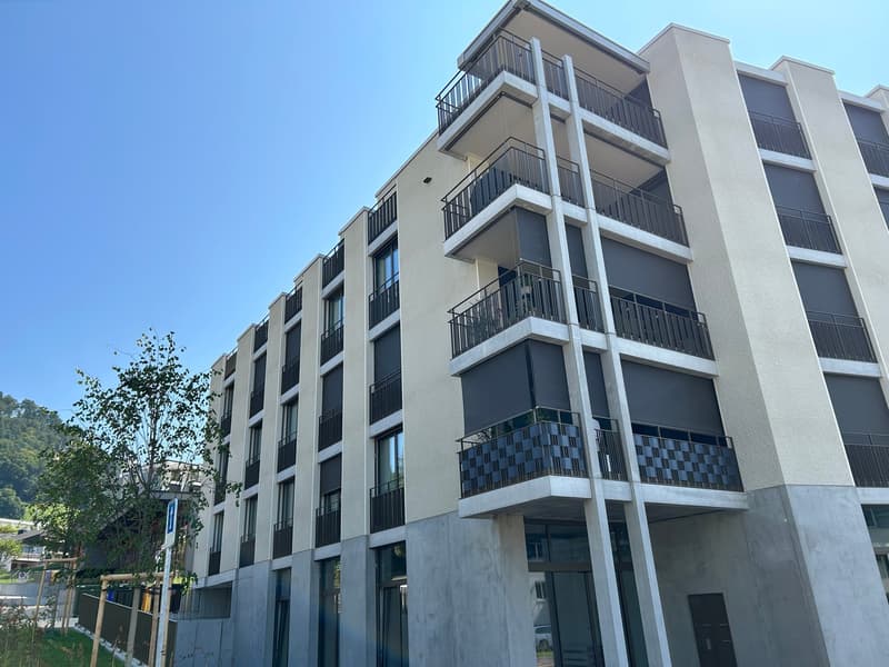 Multi-story apartment building with balconies, modern architectural design, gray and white color scheme, large windows