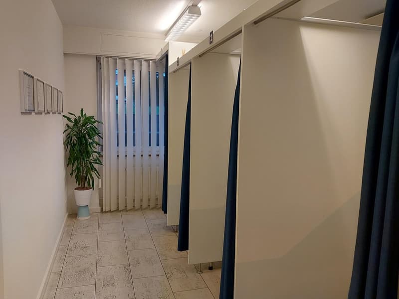 3 wardrobes, window with blinds, tiled floor, potted plant, wall art