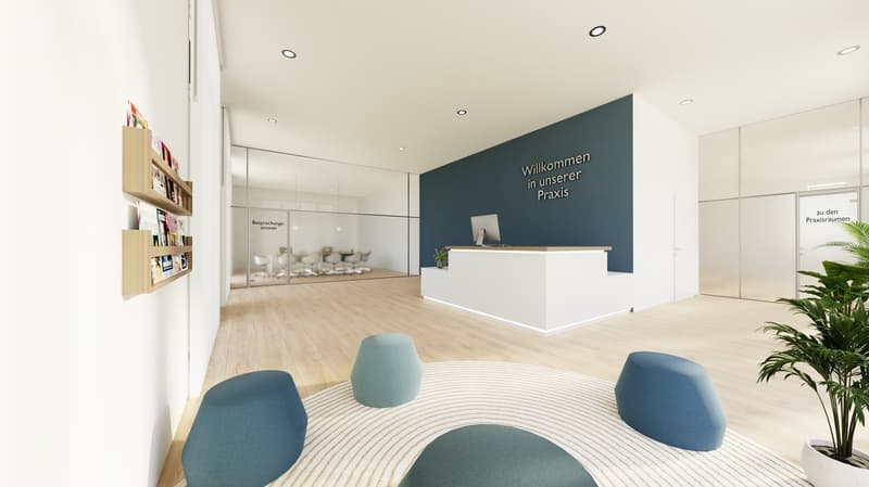 reception area with desk, waiting area with bean bags, books on shelves, a plant, parquet flooring