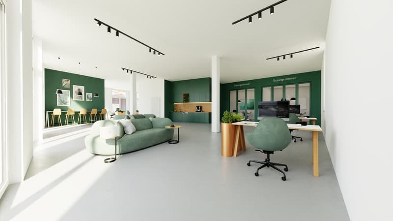spacious room with green walls, wide sofas, desk, large windows, table, chairs, office chairs, office supplies