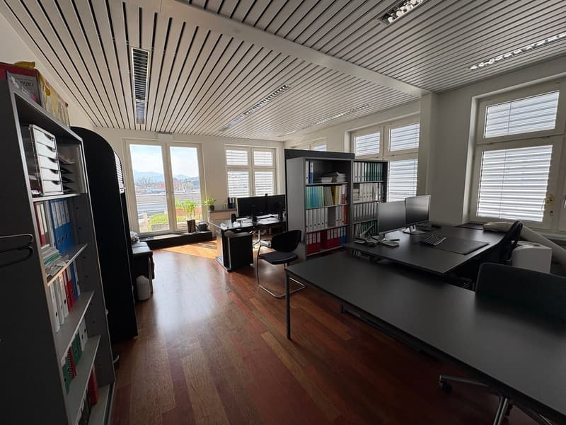 modern office with wooden floor, large windows, desks, chairs, bookshelves, monitors, plants