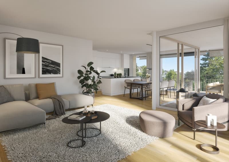 modern living room with white walls, wooden floor, large windows, balcony, sofa, coffee table, armchair, rug, potted plant, kitchen, dining table, chairs