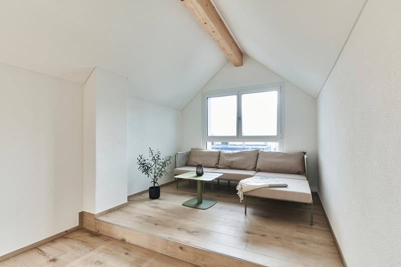 Bright and airy living room with wooden floors, white walls, and a large window. The room features a comfortable sofa, a coffee table, and a potted plant, creating a cozy and relaxing atmosphere.